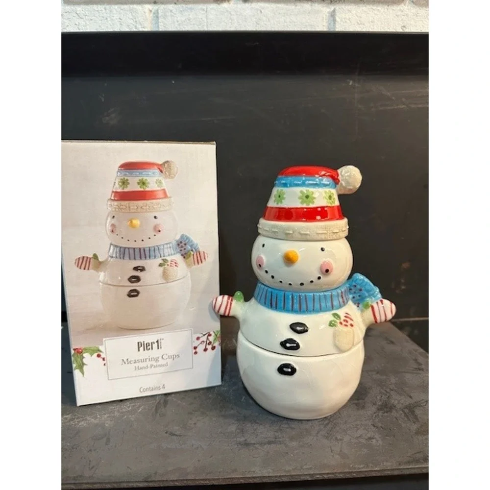 Pier 1 Imports Snowman Measuring Cups 4 pc Hand Painted Earthenware‎ Christmas
